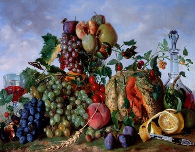 Still Life of August Fruits: Peaches, Melon, Grapes, Damascus Plums, Pears by Giorgio Rovea