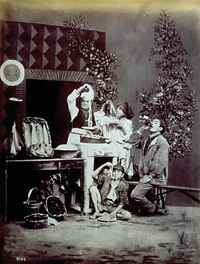 Genre scene of common Neapolitan life: sellers of fish, pasta and other food by Giorgio Sommer