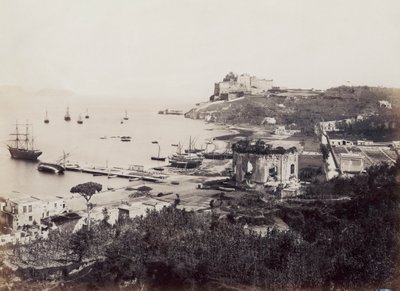 Panorama of the picturesque Gulf of Baia, dotted with sailboats. In the foreground, opposite the small wharf, is the Temple of Venus. In the background, perched on a promontory, is the Sixteenth century Castle of the Viceroy by Giorgio Sommer