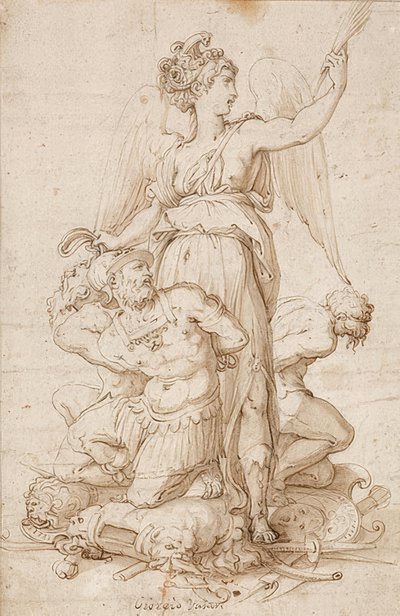 Winged Victoria with Palm Branch and Three Prisoners Kneeling on Trophies. Around 1540 by Giorgio Vasari