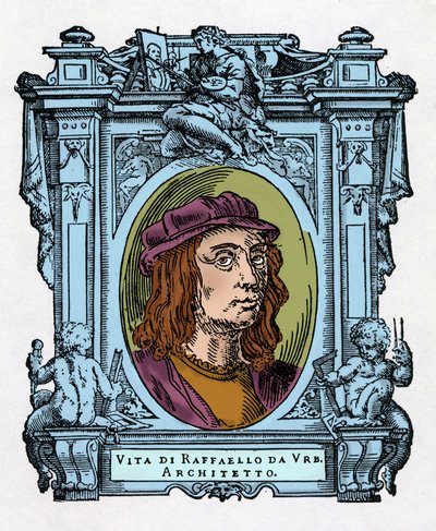 Portrait of Raphael (Raffaello Sanzio 1483 - 1520) Italian architect and painter. Engraving of the treat “Lives of the most excellent painters, sculptors and architects” (Le Vite de
