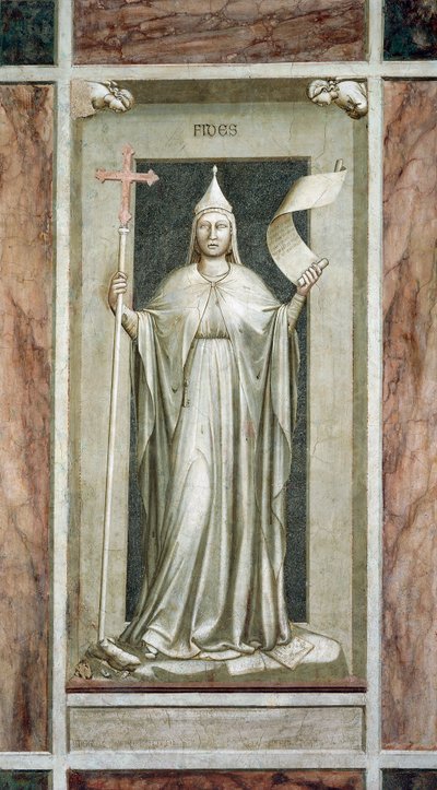Faith, female figure holding the Cross and a scroll symbol of Revealed Truth, while destroying an idol and standing on symbols of the Kabbalah, cycle of frescoes The Vices and Virtues, after restoration, Scrovegni Chapel, Padua, Italy by Giotto (c.1266 1337)