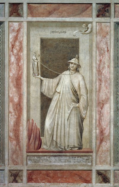 Faithlessness (also called Idolatry), male figure turning away from God and holding an idol that keeps him tied at the neck (detail) by Giotto (c.1266 1337)