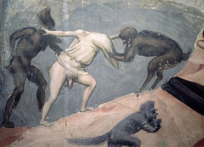 The Last Judgement: Hell, detail of one of the damned taken by two demons, c.1303-05 by Giotto di Bondone