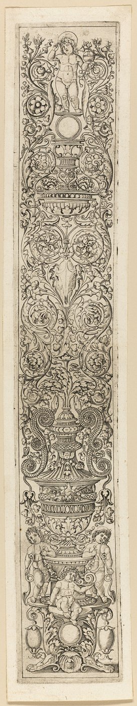 Three Children Blowing Horns, plate eight of Twelve Ornament Panels by Giovan Pietro Birago