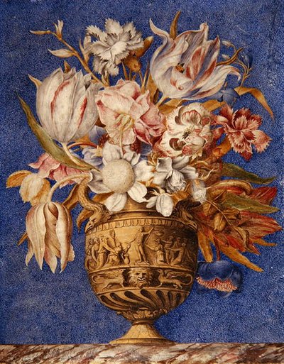 Flowers in a vase which stands on a marble ledge by Giovanna Garzoni