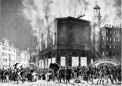 The fire of the theatre of La Fenice in Venice, in 1836. Engraving by Giovanni Pividor. Milan, Conservatory G. Verdi by Giovanni (after) Pividor