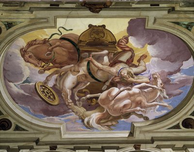 The fall of Phaeton and his celestial chariot caused by Zeus