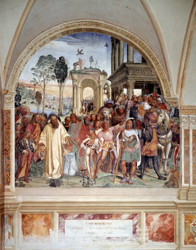 Benoit receives two young Romans Maur and Placide (fresco) by Giovanni Antonio Bazzi Sodoma