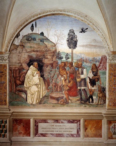How Benedict teaches the holy doctrine to the peasants who visit him (fresco) by Giovanni Antonio Bazzi Sodoma