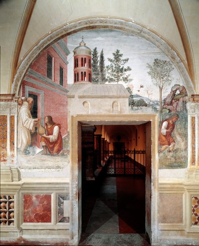 How Benedict turns into a snake of wine a servant hid to him (detail) (fresco) by Giovanni Antonio Bazzi Sodoma