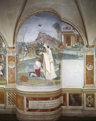 The monk Romano gives Benedict the habit of a hermit by Giovanni Antonio Bazzi Sodoma