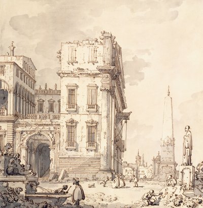 A capriccio of a Venetian Palace Overlooking a Piazza with an Obelisk by Giovanni Antonio Canal