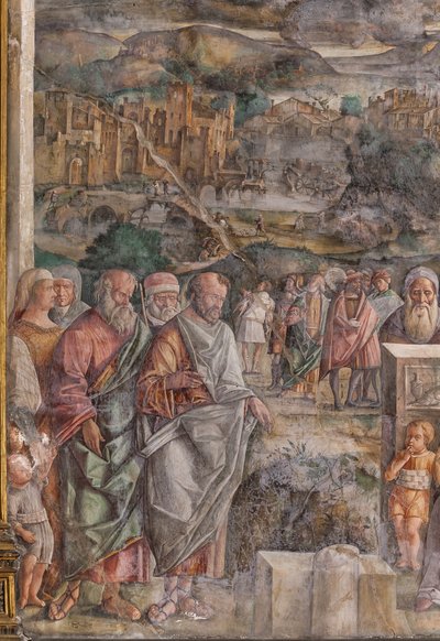 St Anthony arriving in Padua, where he restores peace between the citizens with the strength and sweetness of his preaching, School of the Saint (detail) by Giovanni Antonio Corona