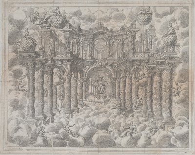 Plate 2 [Counterproof]: Stage Set with Allegorical Figures Seated Among the Clouds by Giovanni Antonio Lorenzini