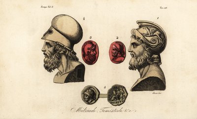 Busts and gems of Athenian politicians Miltiades the Younger, Themistocles, and King Pyrrhus I by Giovanni Antonio Sasso