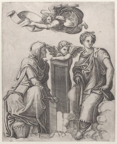 Two Female Figures Seated in the Clouds Flanking an Angel and Another Flying Above by Giovanni Antonio da Brescia