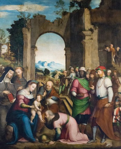 Adoration of the Magi with Saint Clare and Francis (c.1510) by Giovanni Battista (1489 1561) Volponi