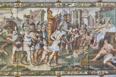 Ulysses and Ajax competing for the armor of Achilles before the courts, Ulysses Hall (detail) by Giovanni Battista Castello