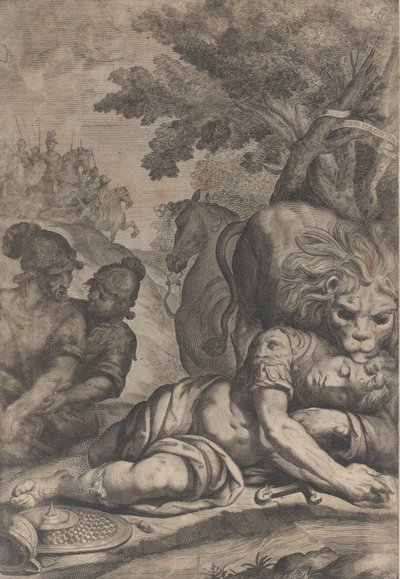 A Lion Atop a Fallen Horseman at Right, with Two Other Soldiers at Left by Giovanni Battista Bonacina
