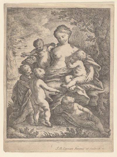 Charity, seated in a landscape surrounded by five nude children, 1692-1727 by Giovanni Battista Catenaro