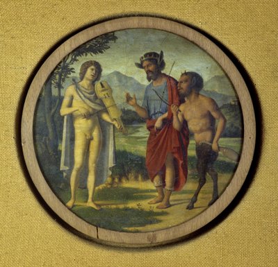 Keyboard instrument cover with illustration depicting Apollo and Marsyas by Giovanni Battista Cima da Conegliano