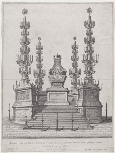 Catafalque for Pope Clement X, central structure at the top of a fifteen step platform by Giovanni Battista Falda