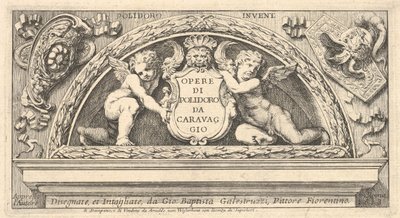 Titleplate to series of prints after Poloidoro, title on a shield supported by two putti by Giovanni Battista Galestruzzi