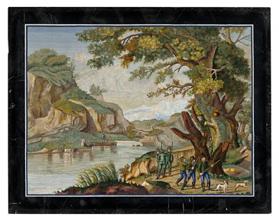 An Italian micromosaic picture of a shooting party in a river landscape by Giovanni Battista Luchini