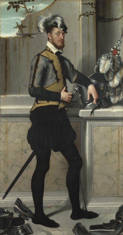 A Knight with his Jousting Helmet Il Cavaliere dal Piede Ferito, Conte Faustino Avogadro, ca 1554 by Giovanni Battista Moroni