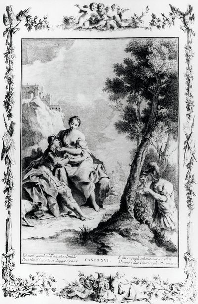 Armida and Rinaldo seen by Crusaders Carlo and Ubaldo, canto XVI, Jerusalem Delivered by Giovanni Battista Piazzetta