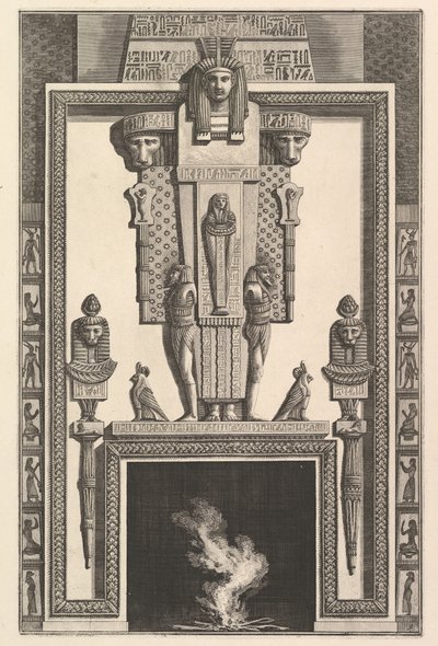 Chimneypiece in the Egyptian style: Mummy superimposed on a large caryatid above the lintel by Giovanni Battista Piranesi