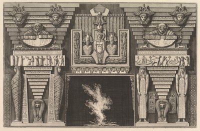 Chimneypiece in the Egyptian style: Two mummies in profile on the left and two figures by Giovanni Battista Piranesi