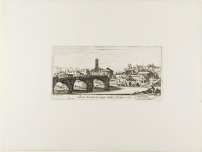 Senatorial Bridge, Today called the Ponte Rotto (Broken Bridge). Temple of Vesta. Temple of Fortuna Virilis. Part of the ancient Palatine, plate 14 from Some Views of Triumphal Arches and other Monuments by Giovanni Battista Piranesi