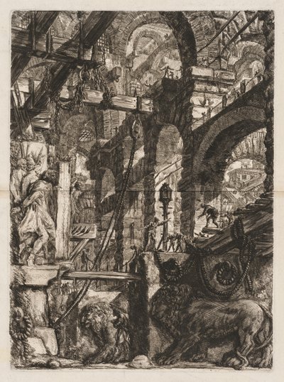 The Prisons: A Perspective of Roman Arches, with Two Lions Carved in Relief on Stone Slabs in the Foreground by Giovanni Battista Piranesi
