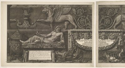 Title Page with Sculptures, Carved Reliefs, and a Sarcophagus with Title Vases, Candelabras, Tombstones, Sarcophagi, Tripods, Lamps, and Ornaments Designed and Engraved by Giovanni Battista Piranesi (series title) by Giovanni Battista Piranesi