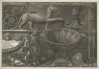 Title Page with Sculptures, Carved Reliefs, and a Sarcophagus with Title (Right Part) (Vases, Candelabras, Tombstones, Sarcophagi, Tripods, Lamps, and Ornaments Designed and Engraved by Giovanni Battista Piranesi series) by Giovanni Battista Piranesi