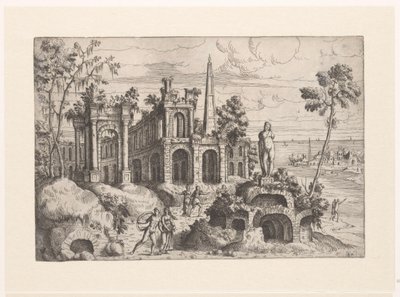 Landscape with Ancient Ruins, Sculpture, and Obelisk (Landscapes with Ruins) by Giovanni Battista Pittoni (I)