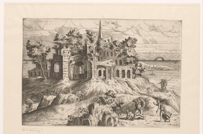 Landscape with Ruins by the Water and a Rising or Setting Sun by Giovanni Battista Pittoni (I)
