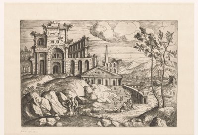 Landscape with Ruins and Fantasy Architecture by Flowing Water with Waterfall by Giovanni Battista Pittoni (I)