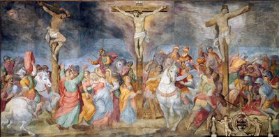 The Crucifixion INRI inscription on the cross. On the sides, representation of the good thief and the bad thief (fresco) by Giovanni Battista Ricci