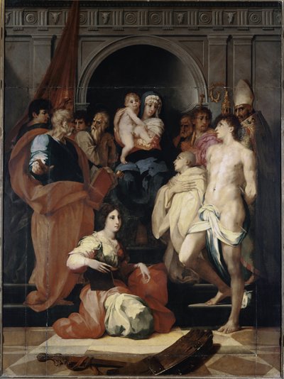 Madonna in throne has the child and saints by Giovanni Battista Rosso Fiorentino
