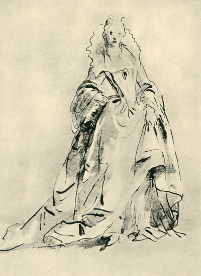 A lady wearing a gown with high collar and pointed bodice by Giovanni Battista Tiepolo