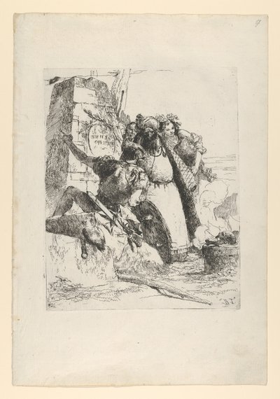 A Magician, a Soldier and Three Figures Watching a Burning Skull from the Scherzi by Giovanni Battista Tiepolo