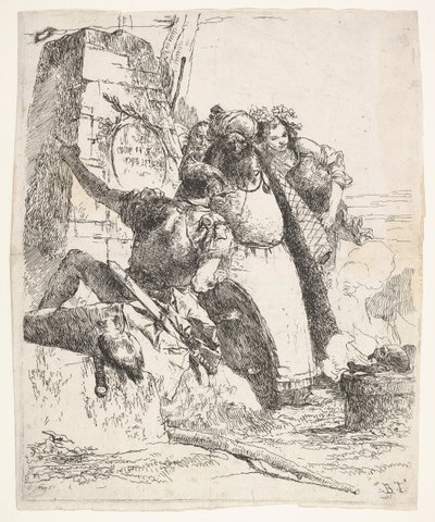 A Scene of Necromancy: A Woman Bearing a Vessel, a Turbaned Man, and a Soldier Look by Giovanni Battista Tiepolo