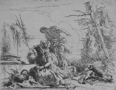Chained Woman and Other Figures Regarding a Pyre of Bones, from the Capricci by Giovanni Battista Tiepolo