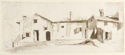Farm Buildings with Open Doors, Bridge and Gate by Giovanni Battista Tiepolo