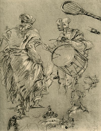 Man seen from behind, a drummer and small studies by Giovanni Battista Tiepolo