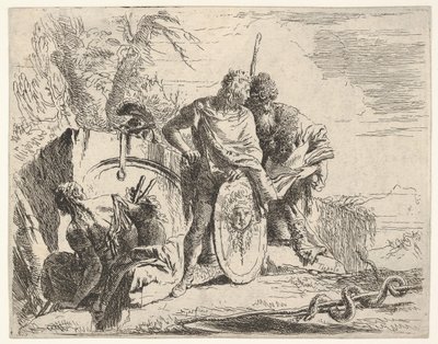 Three figures and a snake coiled around a staff, surrounded by a landscape by Giovanni Battista Tiepolo