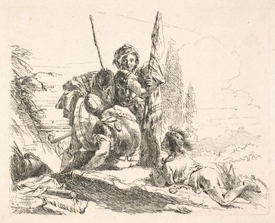 Three soldiers and a youth lying on his abdomen in a landscape, the soldiers bear a... by Giovanni Battista Tiepolo